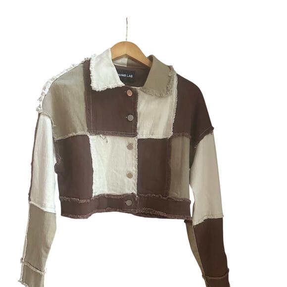 Patchwork Neutral Browns Distressed Seams Long Sleeves  Cropped Jacket - Picture 1 of 6